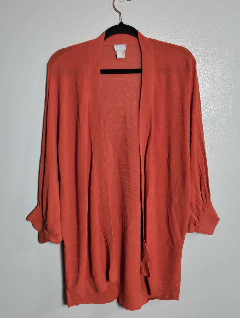 Chico's Orange Open Front Cardigan Sweater Size 2 Large Kimono Ruched Sleeve